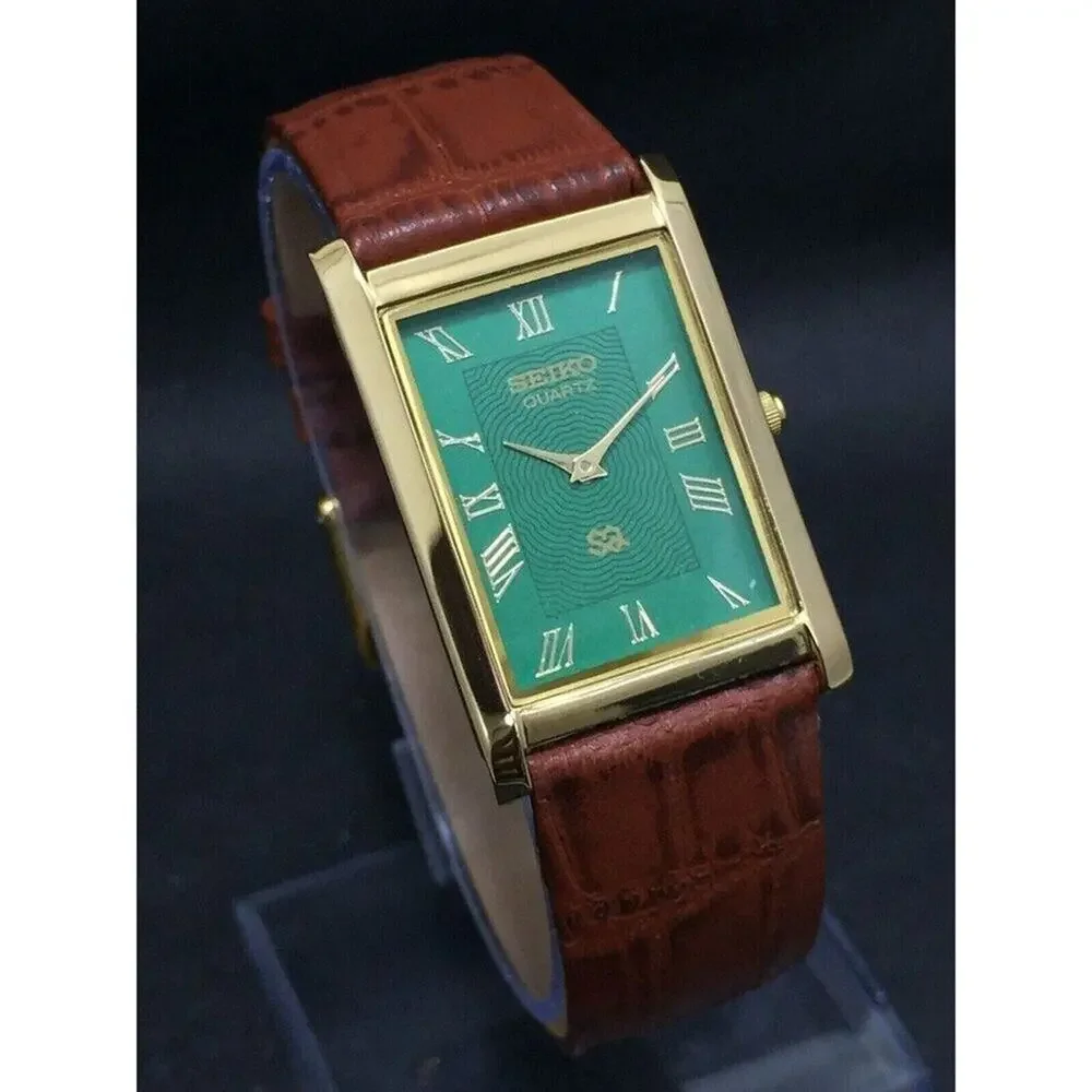 Vintage Style Seiko Quartz Mens Gold Watch & Green accents W/ Leather Strap